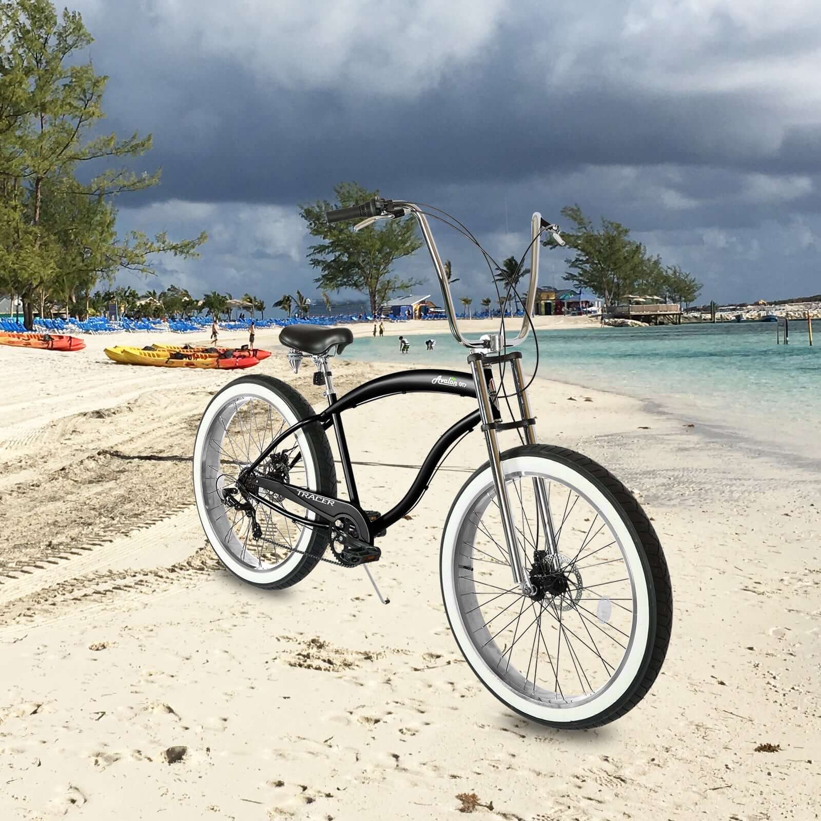 Tracer Avalon GT 29'' Fat Tire stretch Beach Cruiser Bike 1-Speed/7-Speed showcased on a beach.