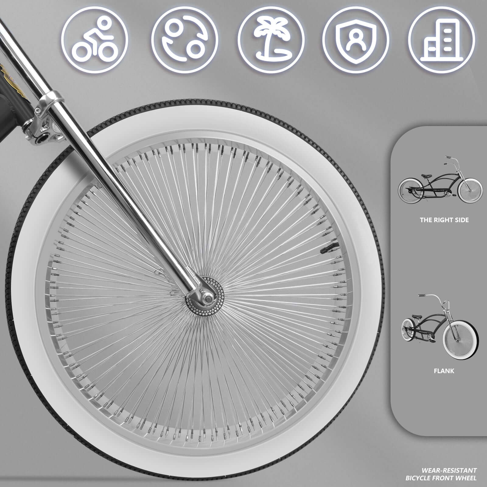 Tracer Beacon Pro 140H Stretch Cruiser Bike, front wheel features.