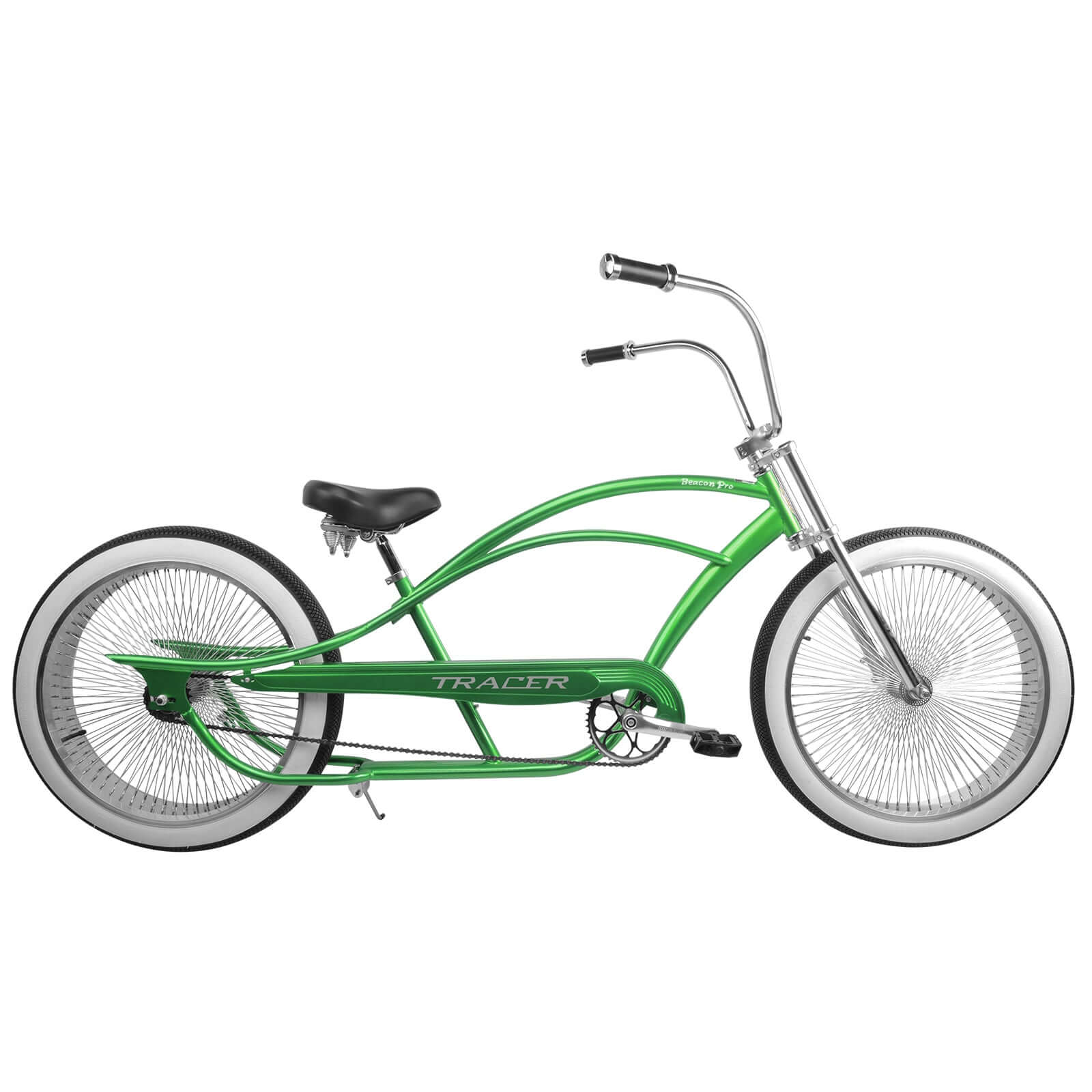 Tracer Beacon Pro 140H Stretch Cruiser Bike in green, side view showcasing the retro chopper-like profile.