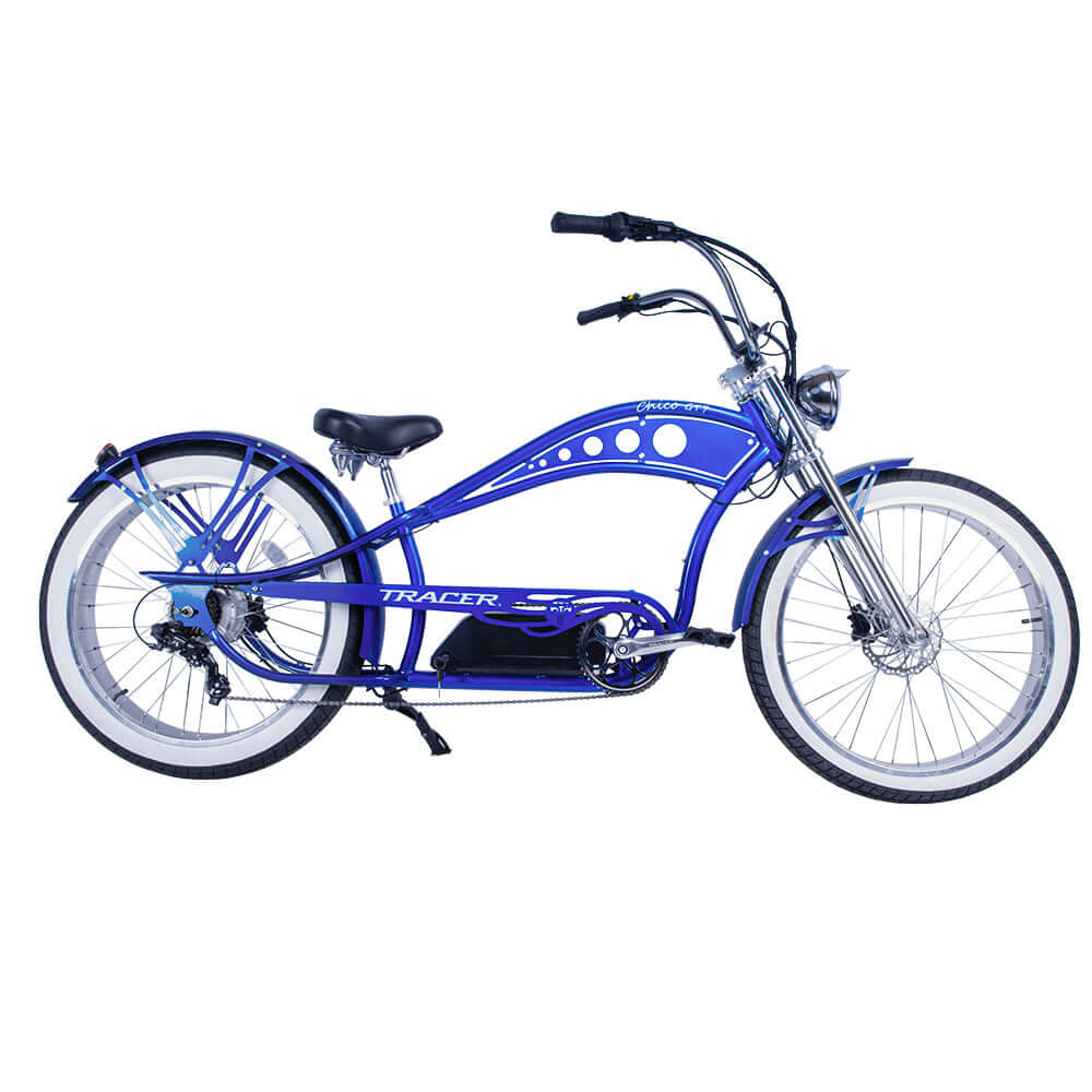 Side profile of the blue Chico GT7 750W Stretch Cruiser Ebike.