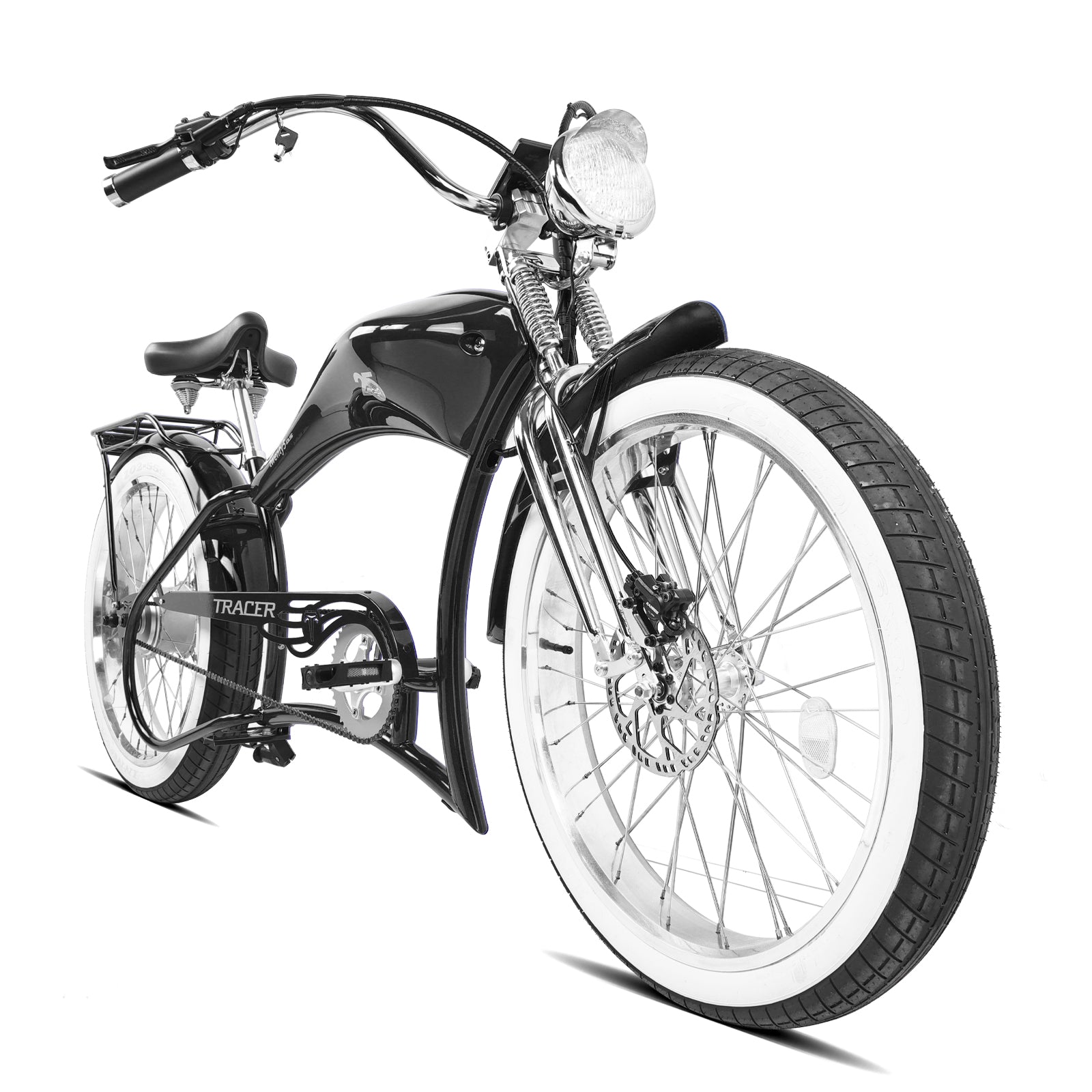 Front view of the black Twenty5 800W Chopper Stretch cruiser ebike showing the handlebar and front wheel.