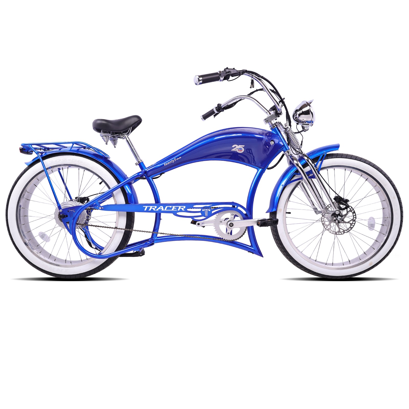 Side view of the deep blue Twenty5 800W Chopper Stretch cruiser ebike with stylish fat tires and a modern frame.