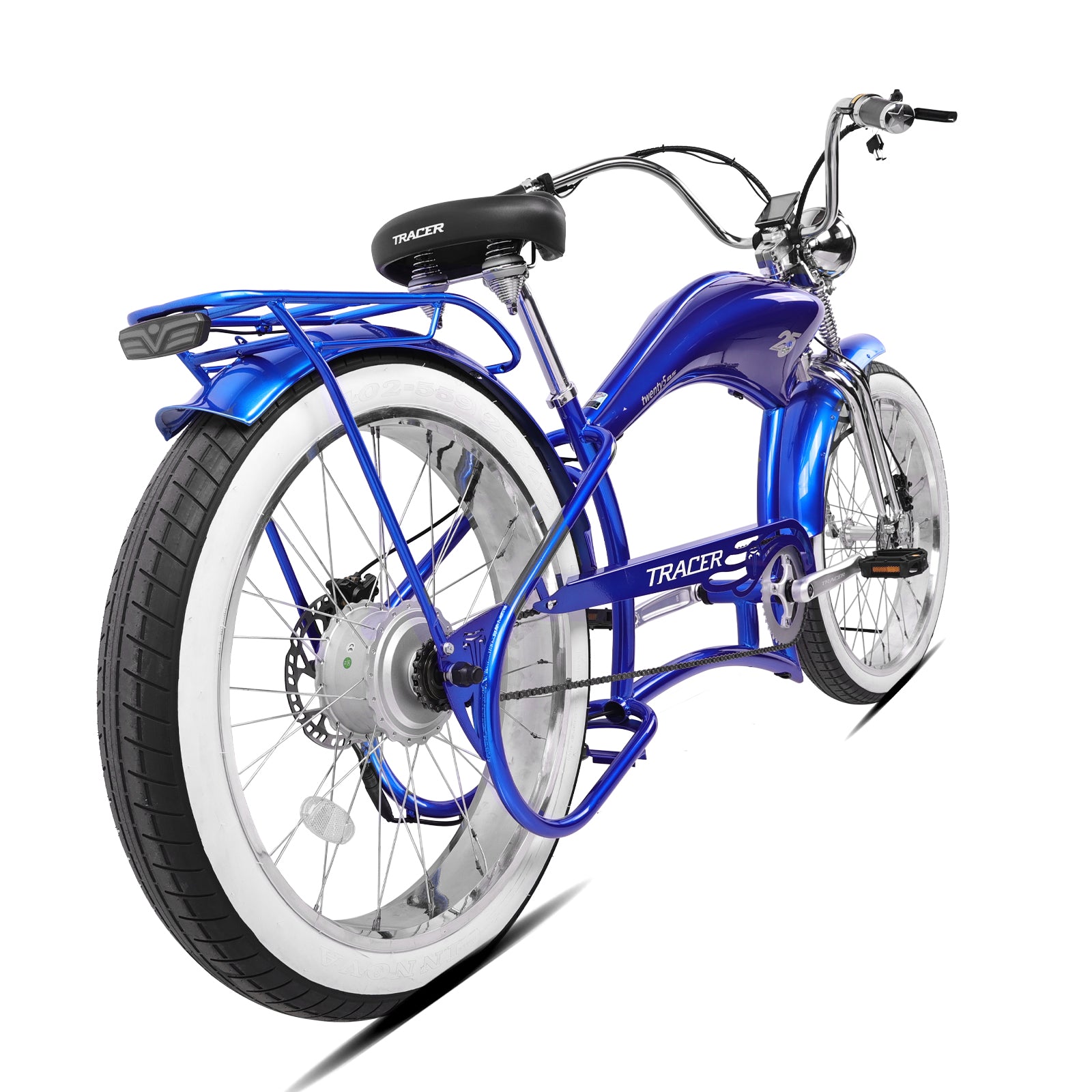 Rear view of the Twenty5 800W electric chopper bike with integrated motor.