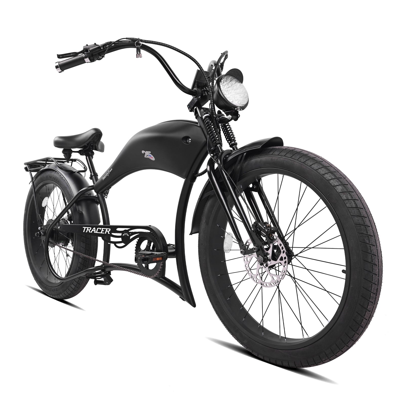 Front view of the black Twenty5 800W Chopper Stretch cruiser ebike showing the handlebar and front wheel.