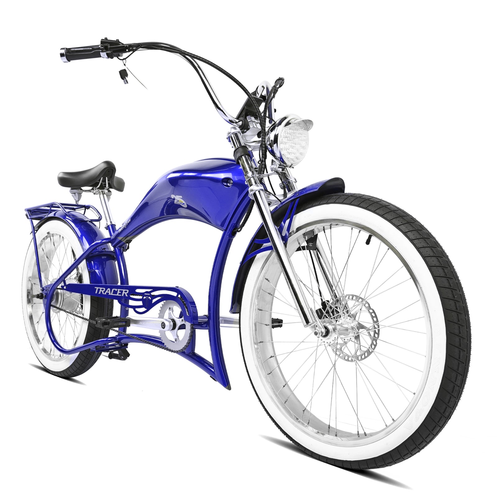 Front view of the blue Twenty5 800W electric Stretch cruiser bike.