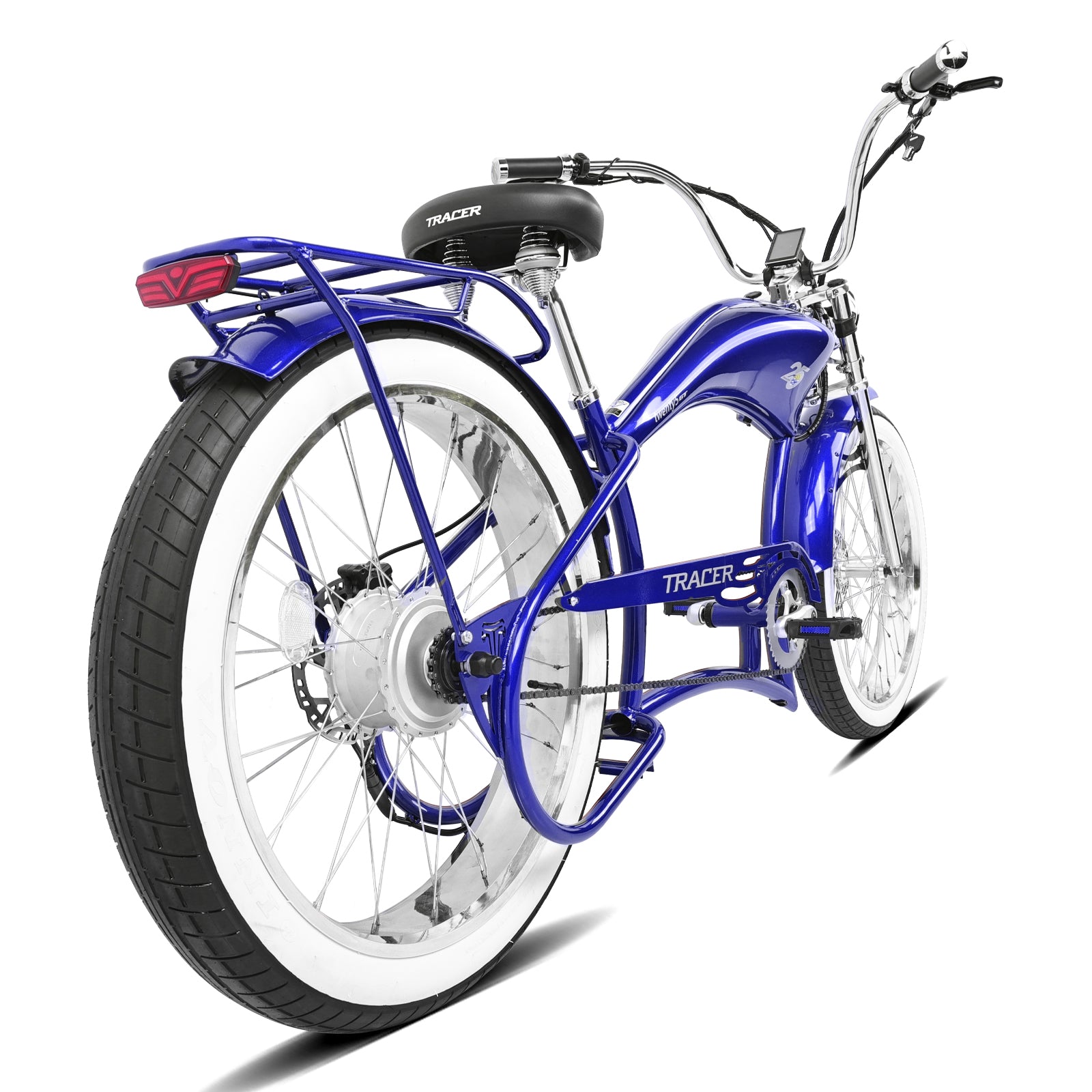 Rear view of the Twenty5 800W Electric Chopper bike.