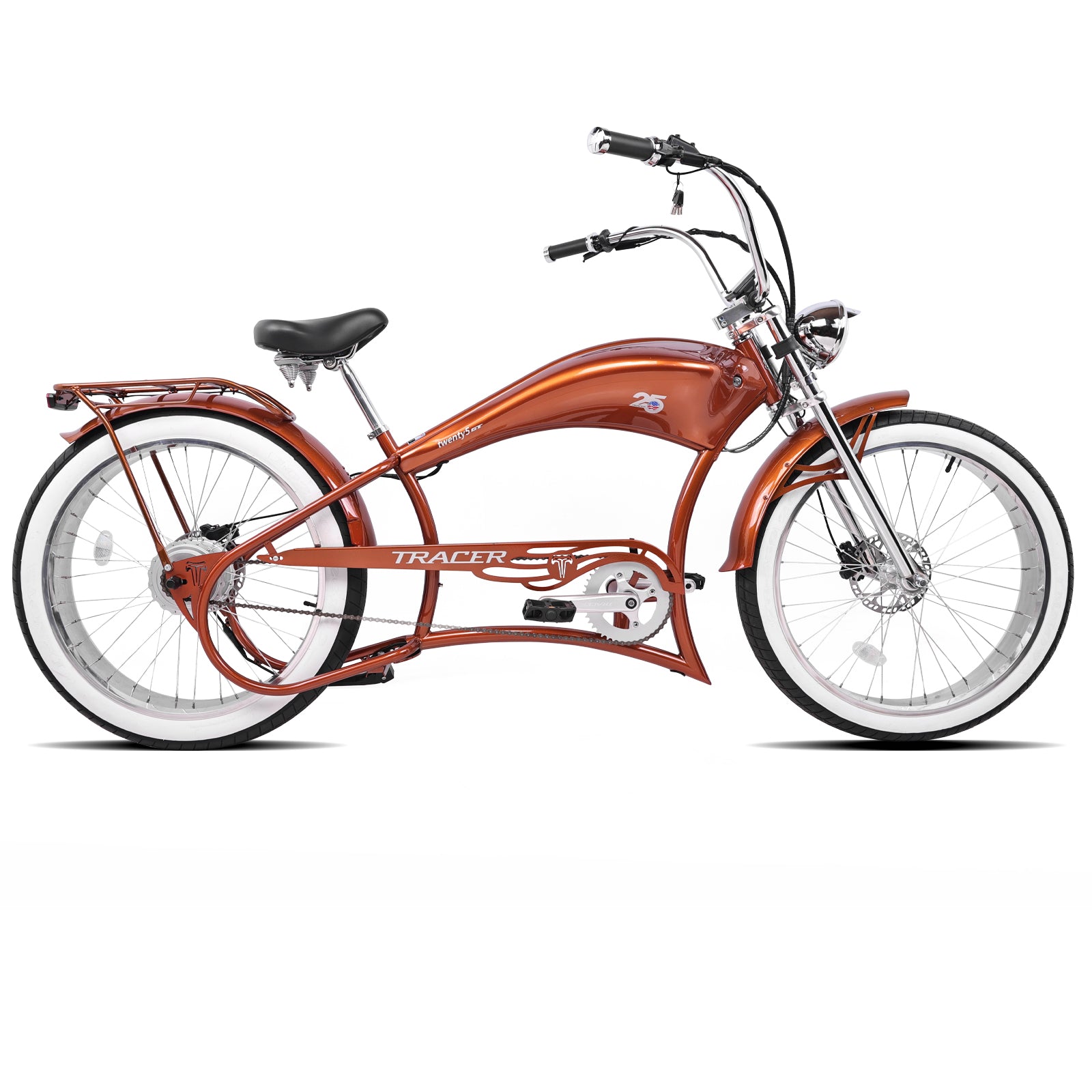 Side view of the red Twenty5 800W Chopper Stretch cruiser ebike, with bold fat tires and a sleek frame design.