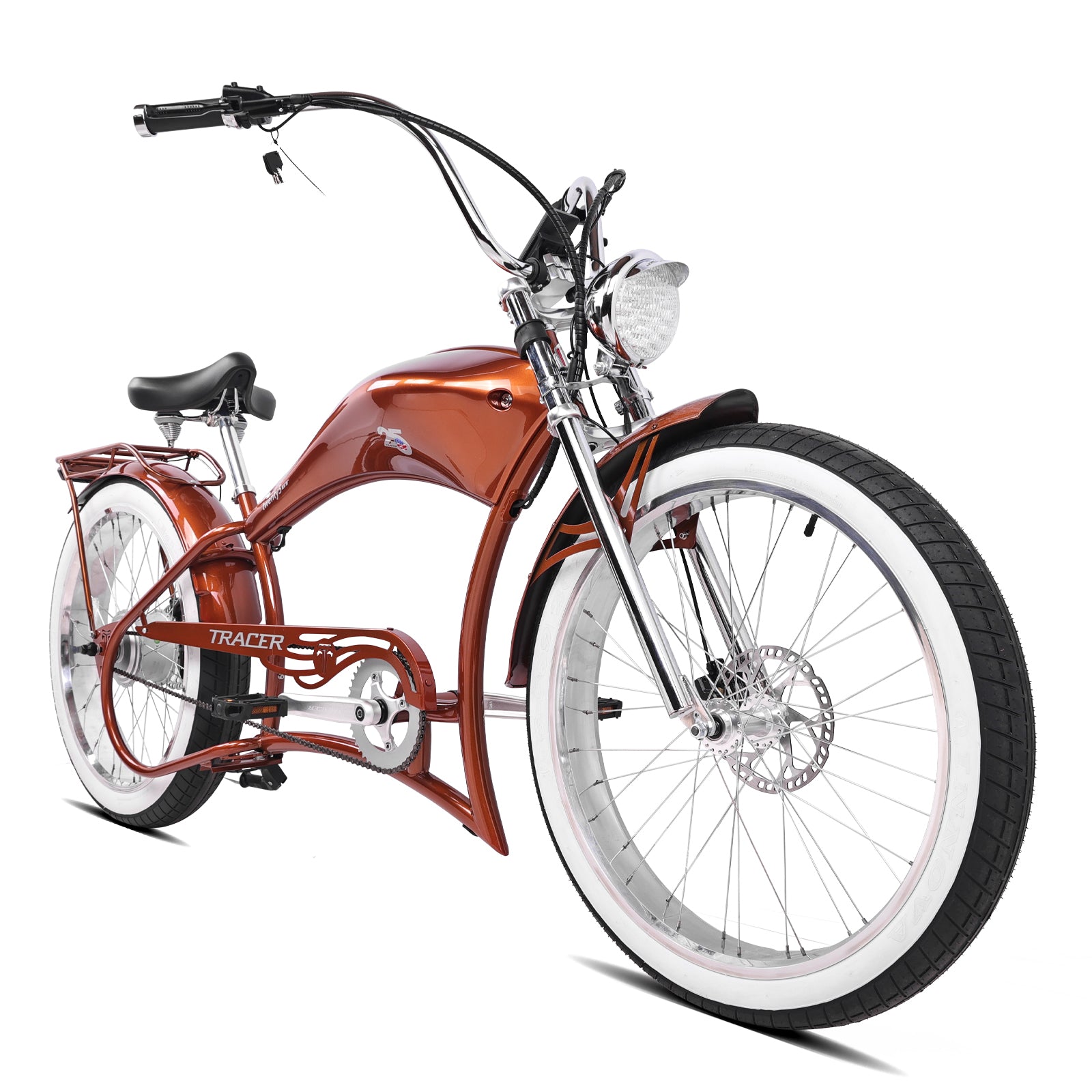 Front view of the red Twenty5 800W Chopper Stretch cruiser ebike.