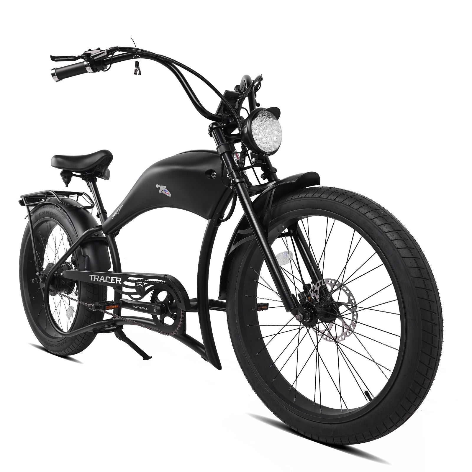 Front view of the all black Twenty5 800W Chopper Stretch cruiser ebike.