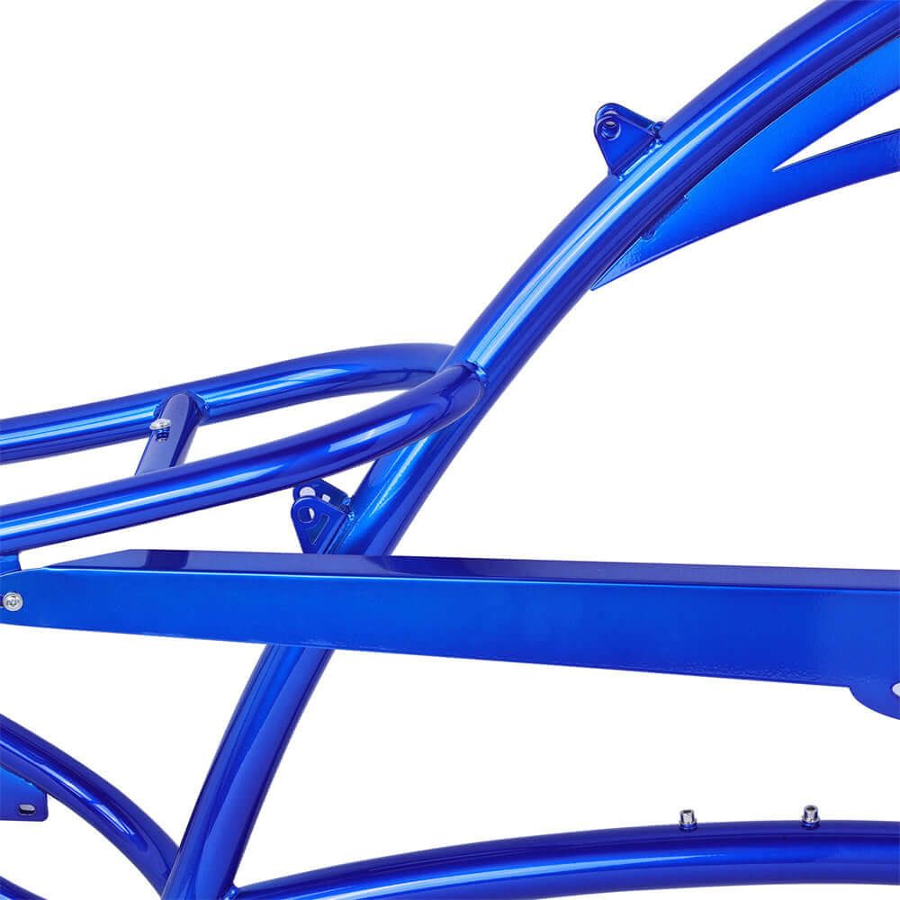 Close-up of Tracer SCORPION 26" chopper cruiser steel frame in vibrant blue finish, showcasing its oversized design.