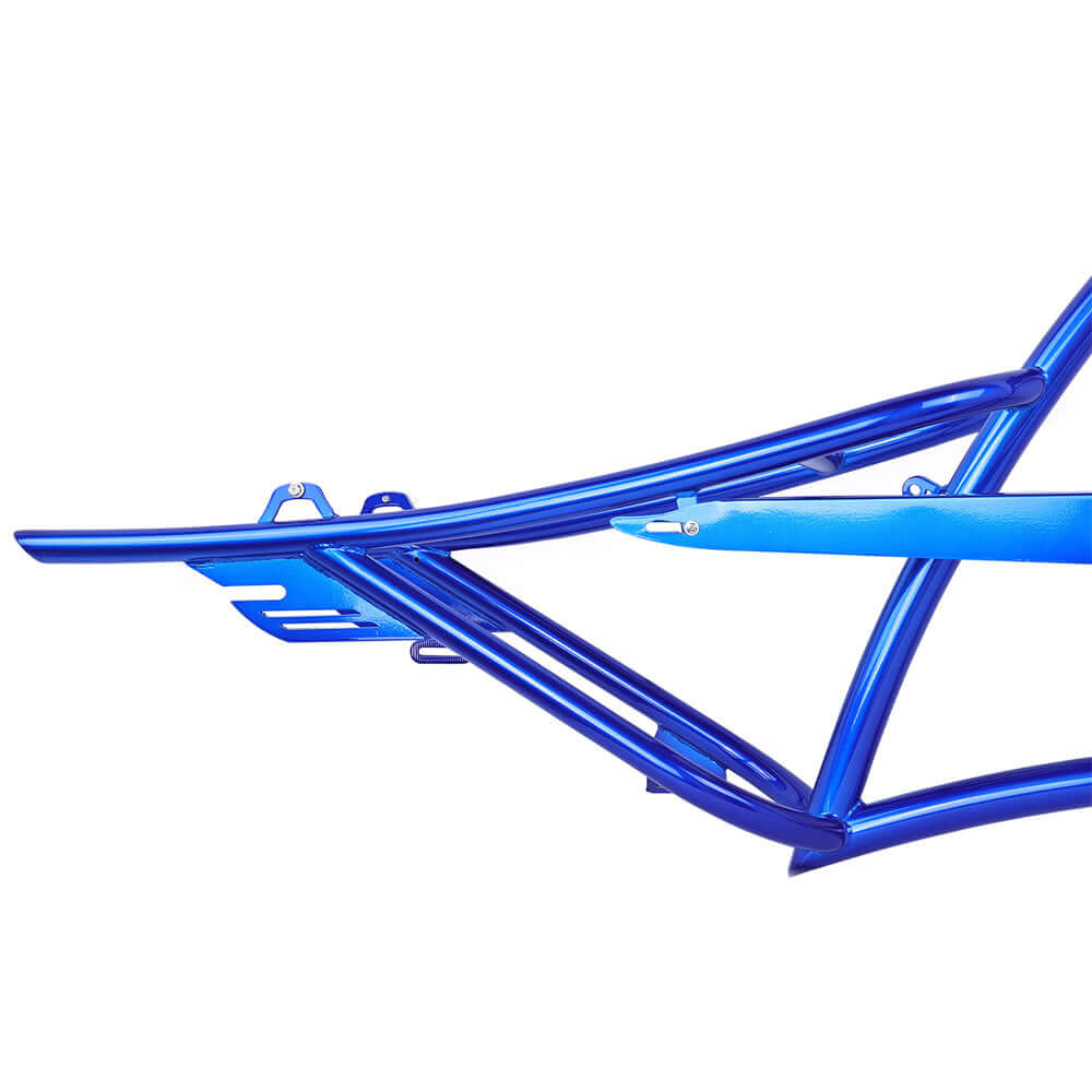 Close-up of Tracer SCORPION blue steel frame of the 26" Stretch Chopper Cruiser bicycle.