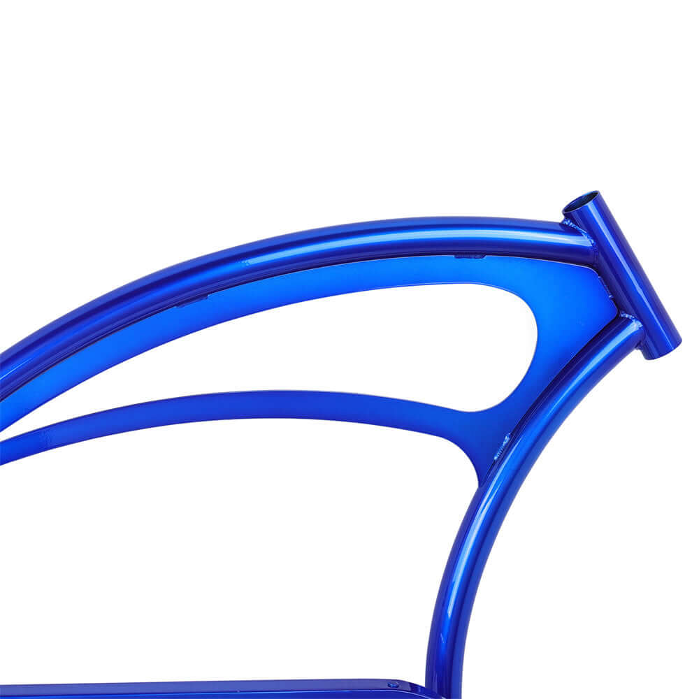 Close-up of Tracer Scorpion blue steel frame of the scorpion 26" Stretch Chopper Cruiser bicycle.
