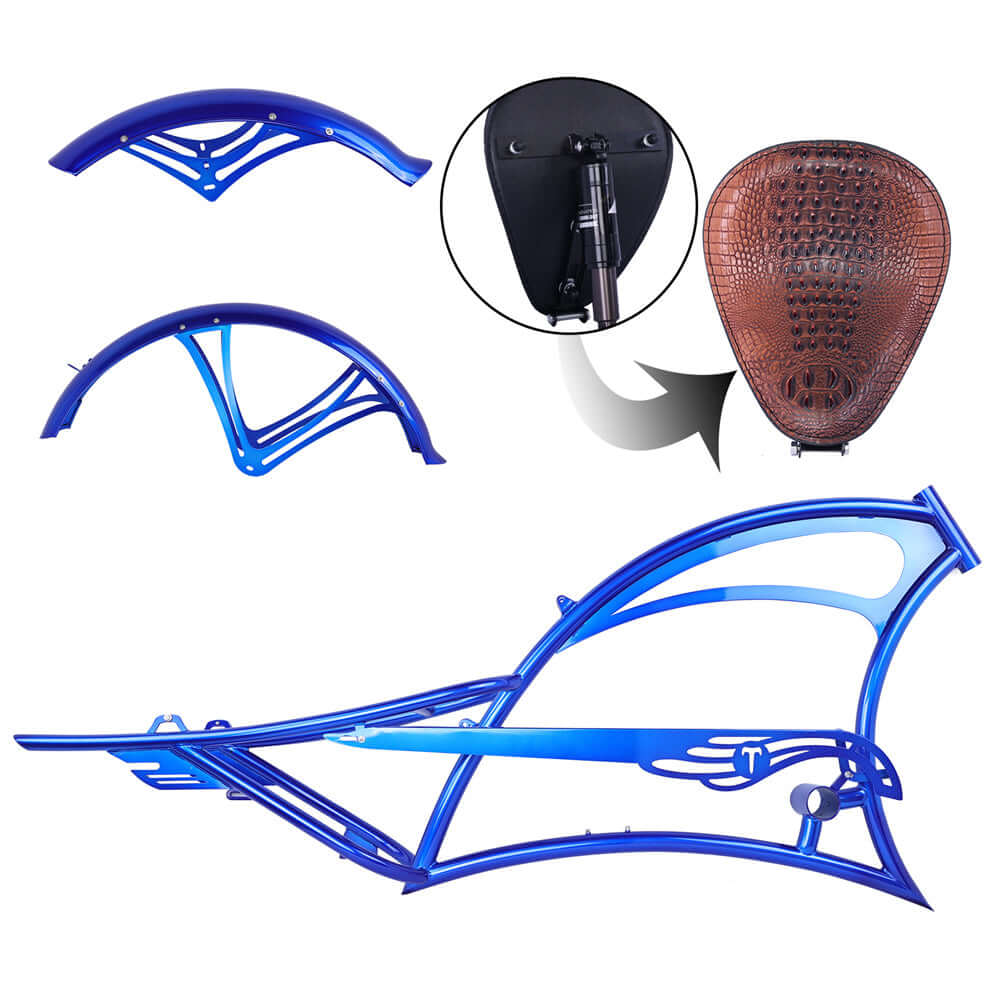 Tracer scorpion blue steel frame components with fenders and brown saddle for 26" cruiser bike assembly.