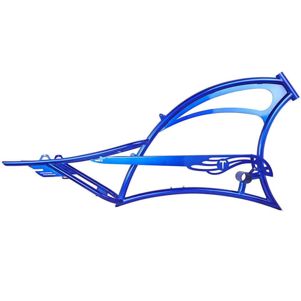 Tracer SCORPION blue stretch chopper cruiser steel frame, designed for oversized tires and smooth rides.