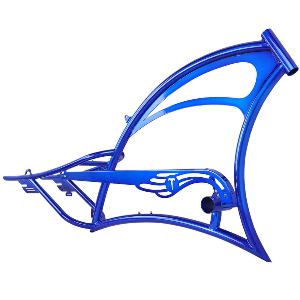 Tracer SCORPION 26-inch chopper cruiser steel frame in blue with unique design and shapes.