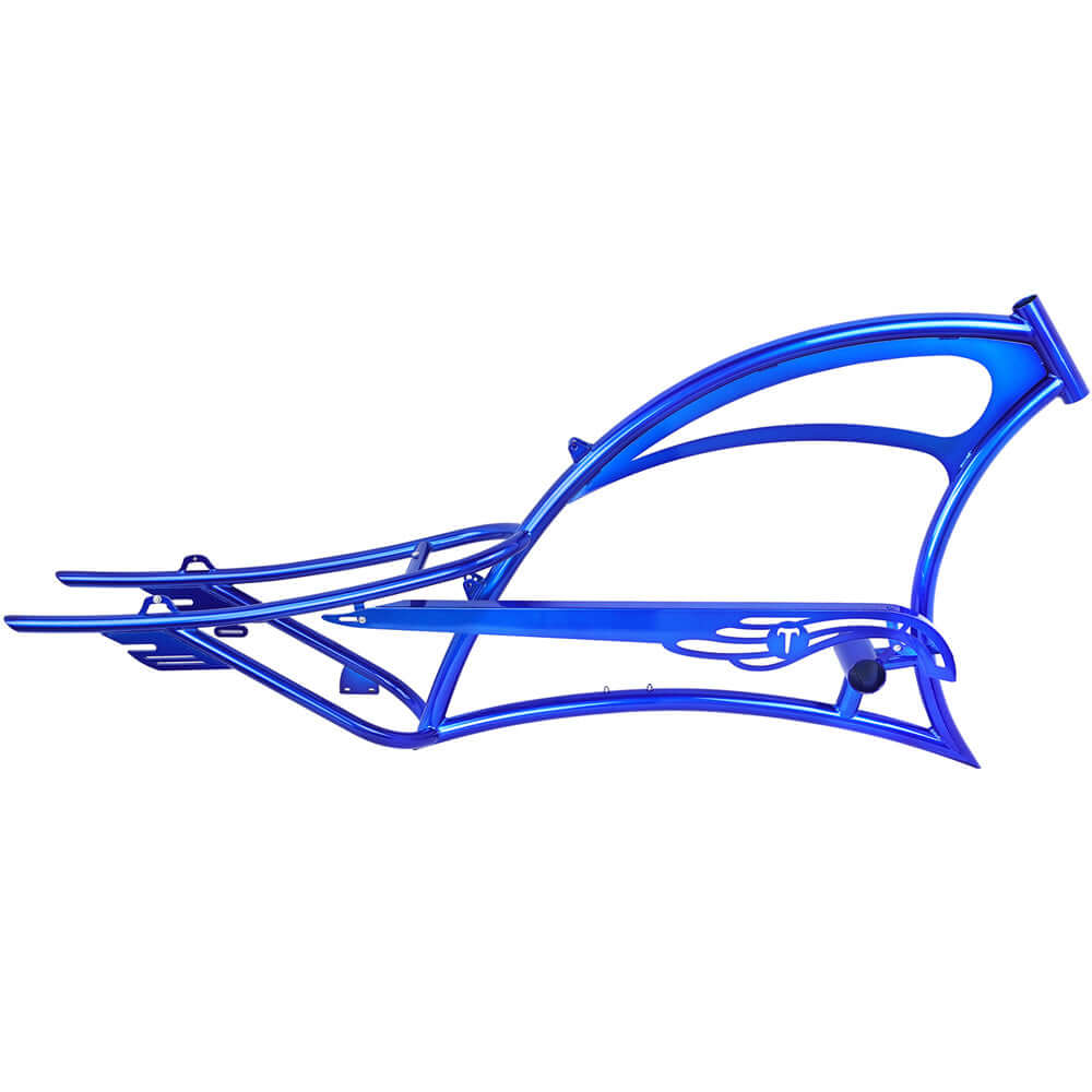 Tracer SCORPION 26" chopper cruiser oversized steel frame in blue, designed for disc and coaster brakes.