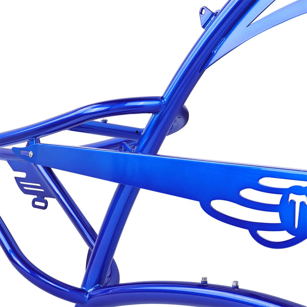 Close-up of the Tracer FM-SCORPION 26" chopper cruiser steel frame in vibrant blue finish.