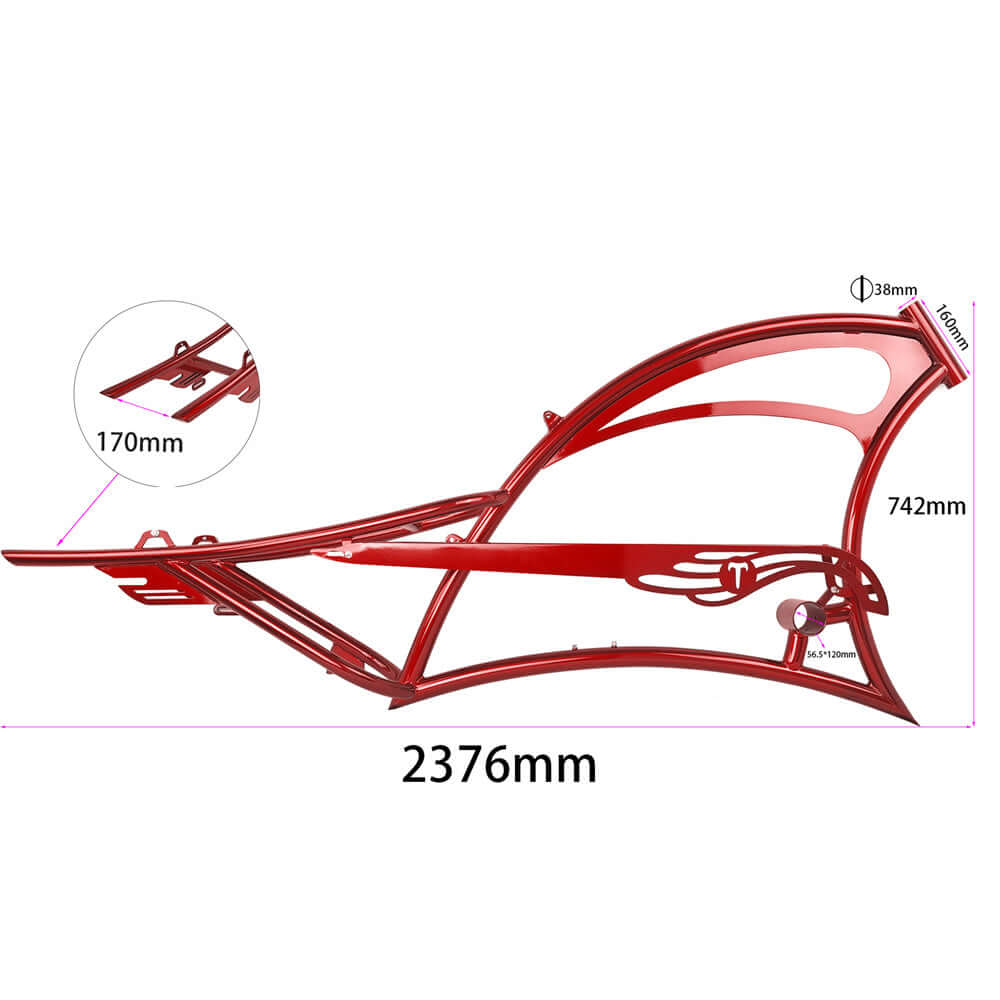 Tracer FM-SCORPION 26" chopper cruiser steel frame dimensions and specifications illustration.