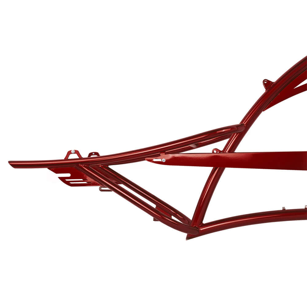 Close-up of the red steel frame design for Tracer FM-SCORPION 26" Stretch Chopper Cruiser bicycle.