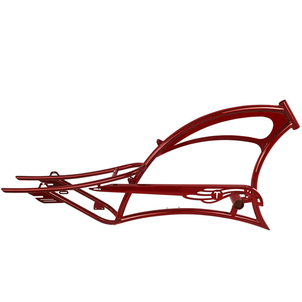 Red oversized steel frame for Tracer FM-SCORPION 26" Stretch Chopper Cruiser bike.