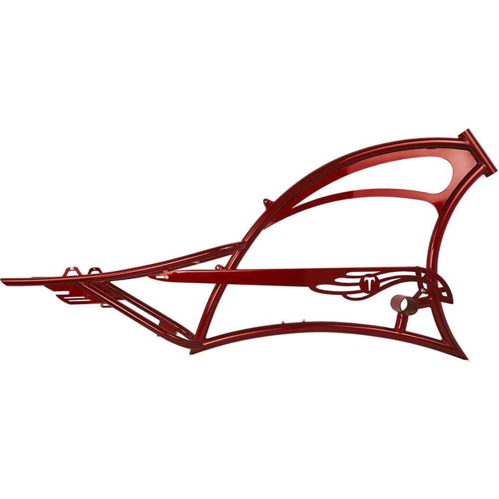 Tracer FM-SCORPION 26" stretch chopper cruiser oversized steel frame in red color, showcasing its sleek design and durability.