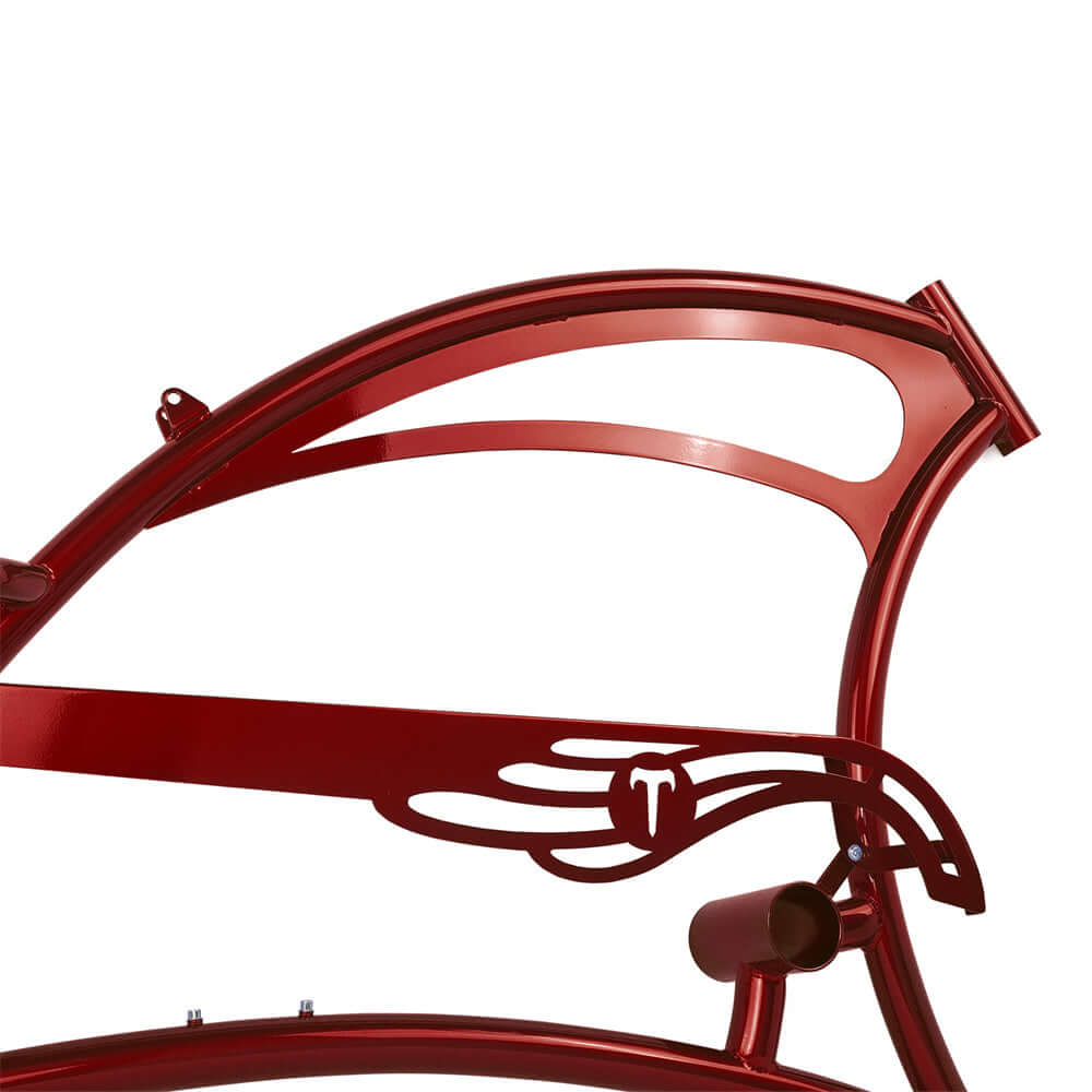 Tracer FM-SCORPION red steel frame detail with aerodynamic design for chopper cruiser bikes.