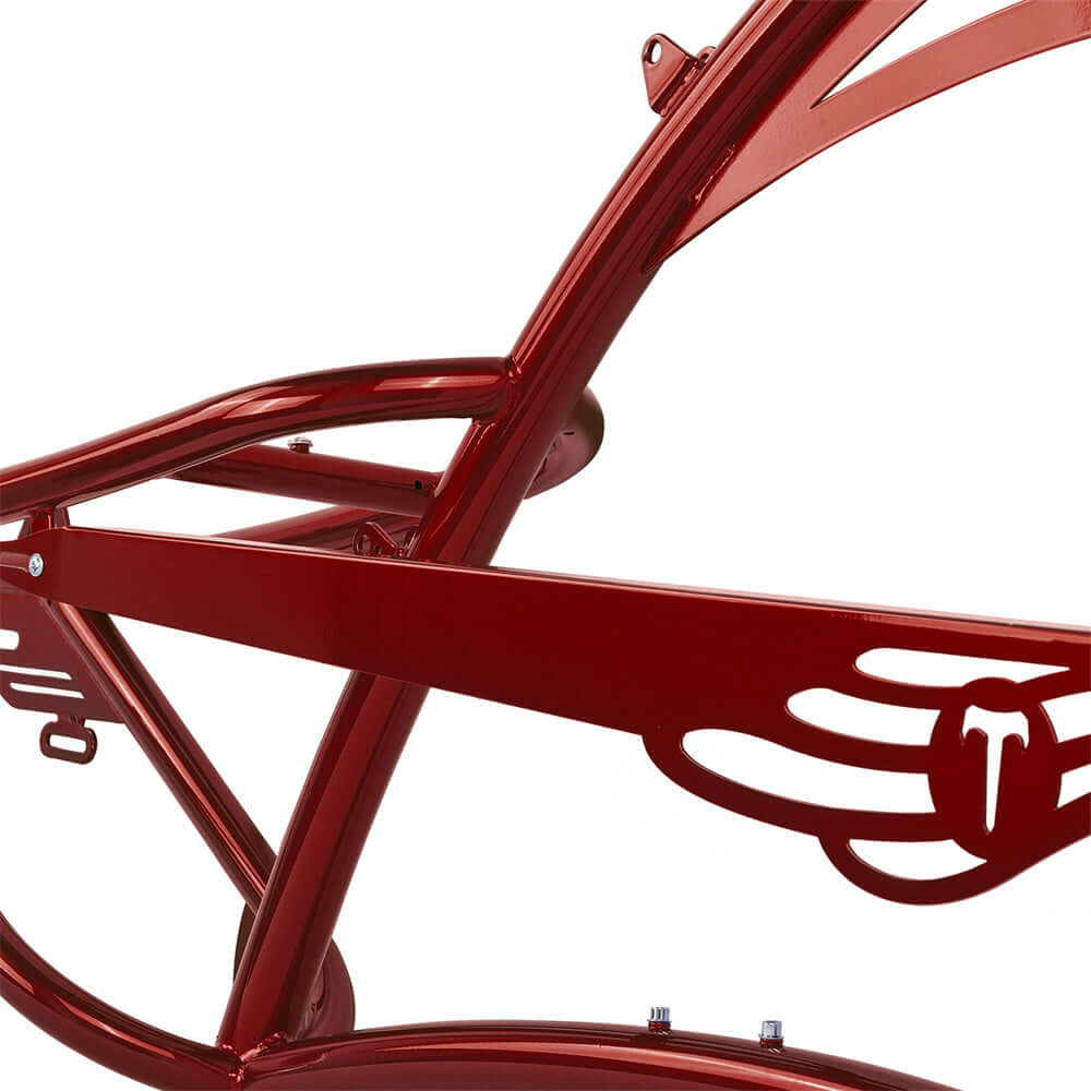 Tracer FM-SCORPION 26" chopper cruiser frame showcasing red oversized steel construction and sleek design details.