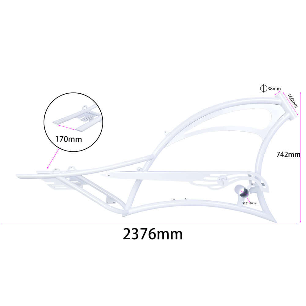 Tracer FM-SCORPION steel frame dimensions: 2376mm length, 170mm rear hub spacing, 38mm head tube diameter.