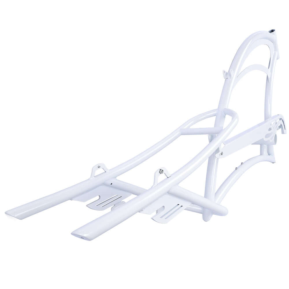 Tracer FM-SCORPION white oversized steel frame for chopper cruiser bicycle, showcasing sleek design and sturdy build.