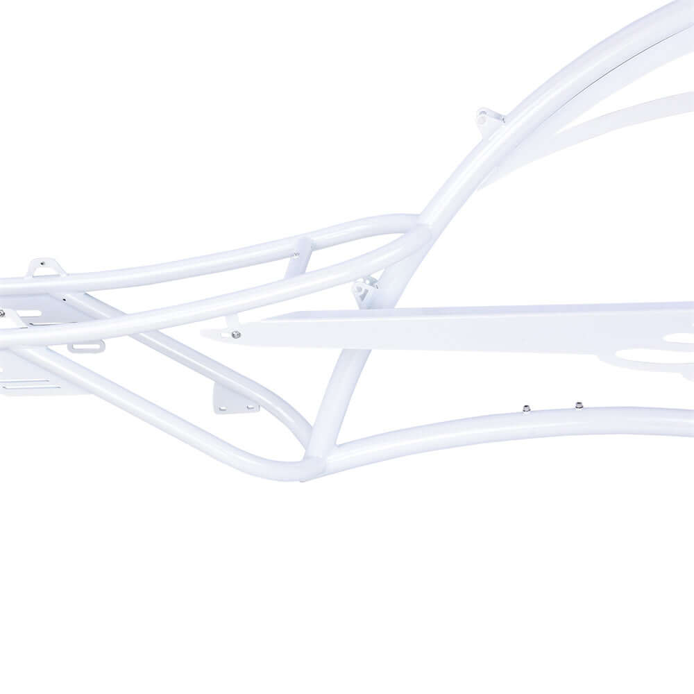 White steel frame of the Tracer FM-SCORPION 26" Stretch Chopper Cruiser showcasing its sleek design and durable construction.