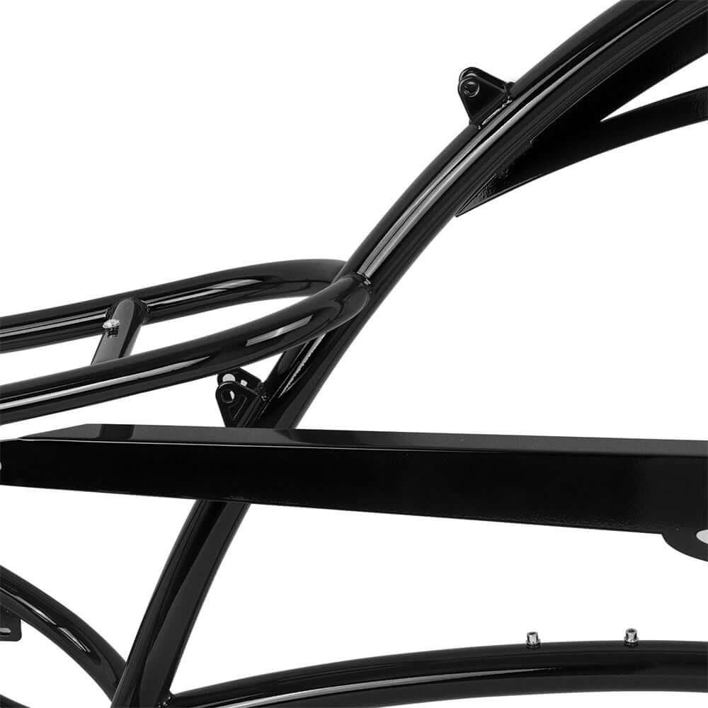 close up of Tracer scorpion 26" stretch chopper cruiser steel frame detail showing sleek black finish and design.