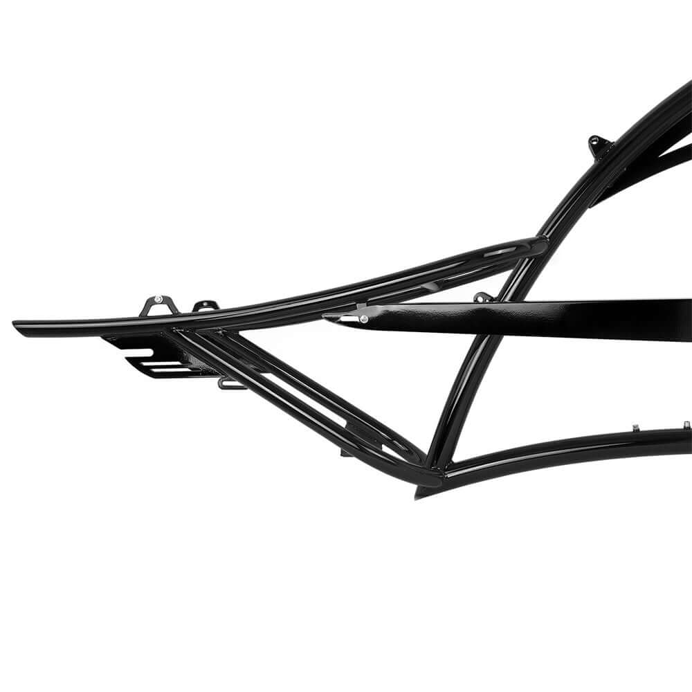 close up of Tracer scorpion black steel frame detail for 26" Stretch Chopper Cruiser, designed for durability and style.