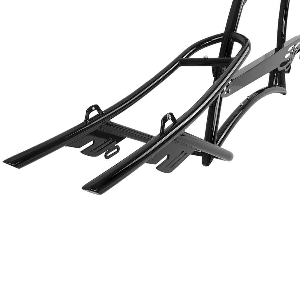 Close-up of Tracer scorpion black steel frame showing rear structure for 26" Stretch Chopper Cruiser design.