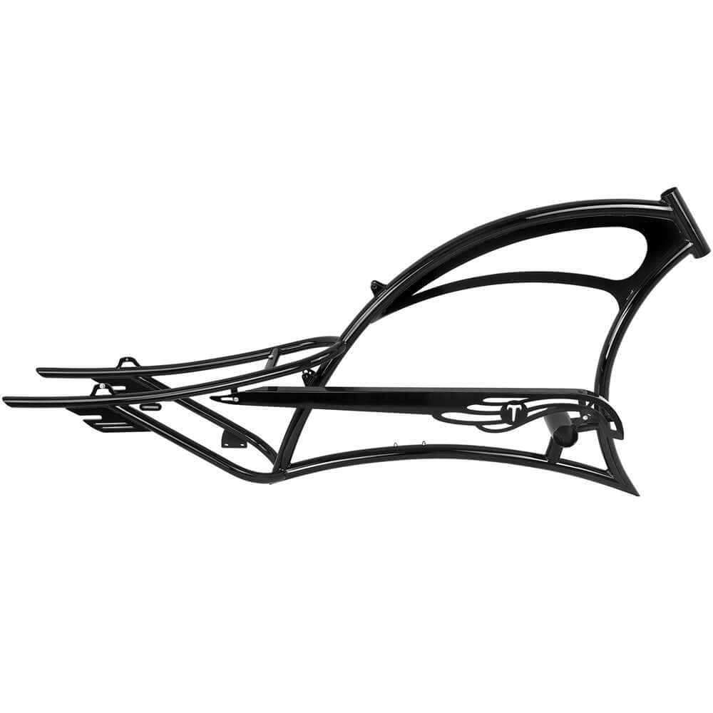 Tracer 26" chopper bike frame in sleek black, designed for oversized tires and durability.