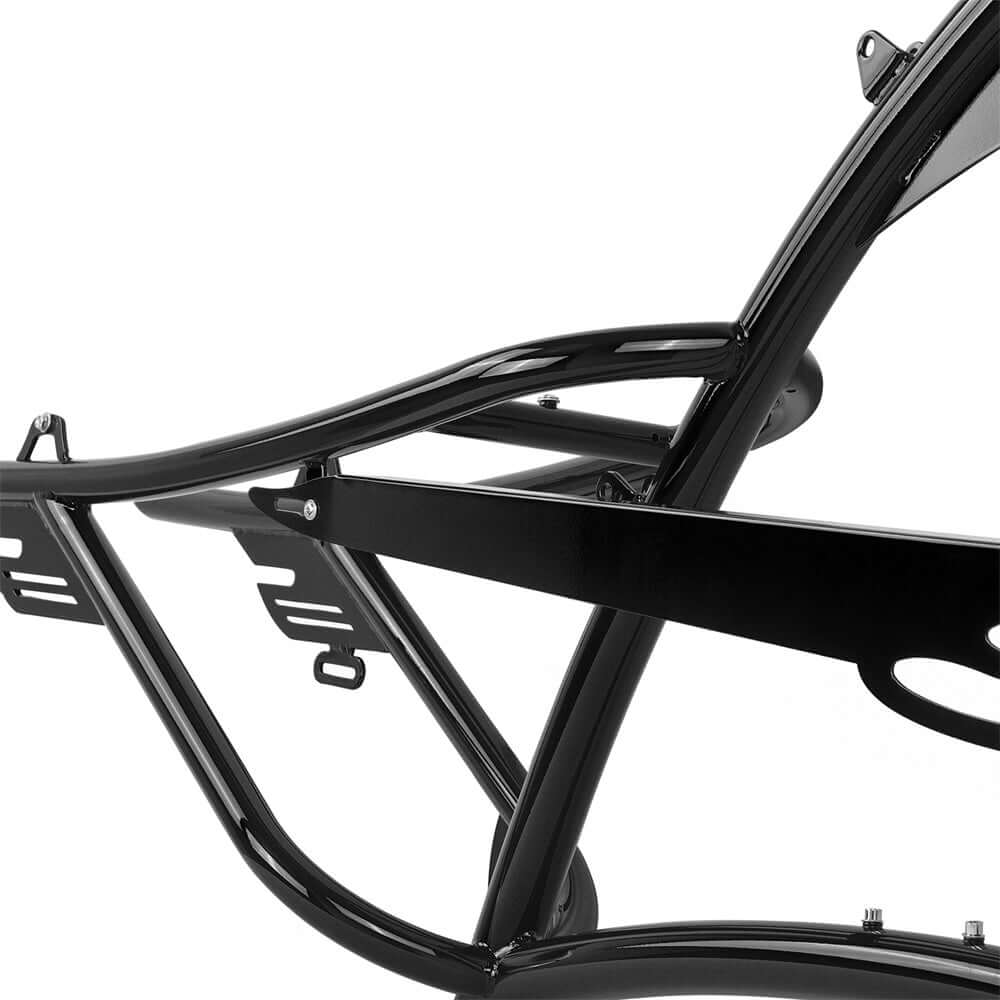 Close-up of Tracer SCORPION steel frame, featuring a sleek black design for a chopper cruiser bicycle.