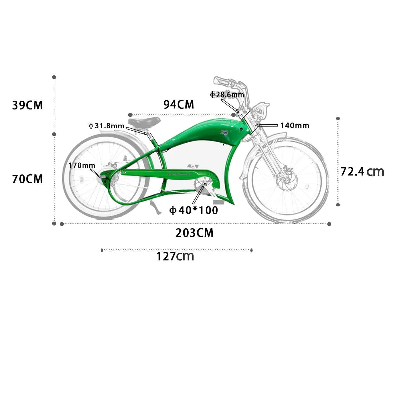 Tracer FM-Twenty5 E-bike 26'' Stretch Cruiser Steel Frame and Chain Guard for 26'' x3.0, 4.0 Tire, size details.