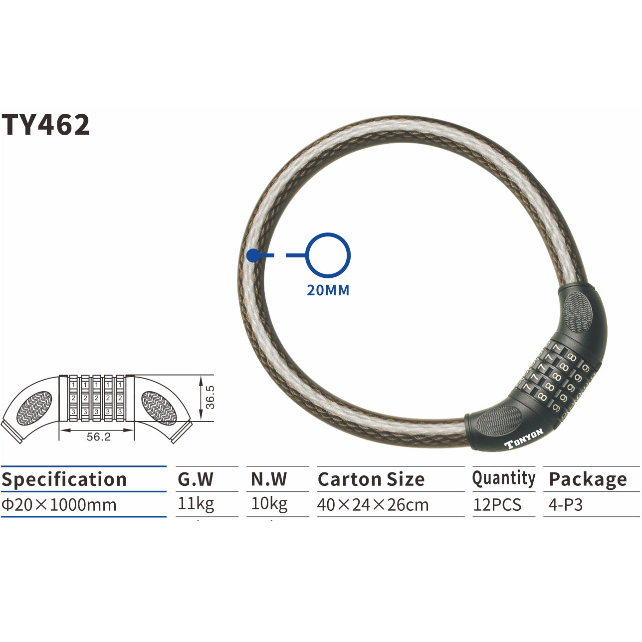 Tonyon TY437 Heavy-Duty Key Lock Steel Cable 1000mm Tracer Bikes