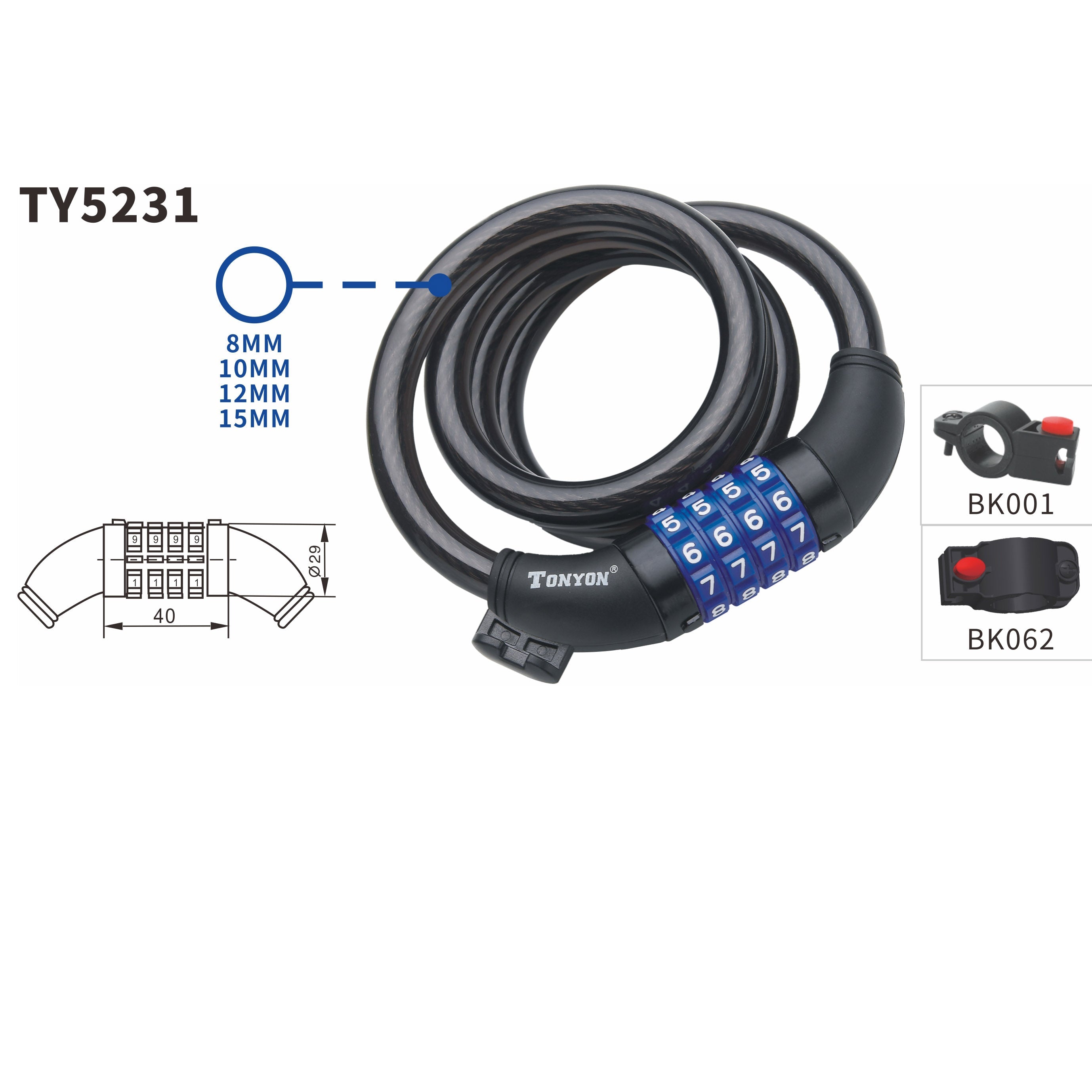 Tonyon TY437 Heavy-Duty Key Lock Steel Cable 1000mm Tracer Bikes