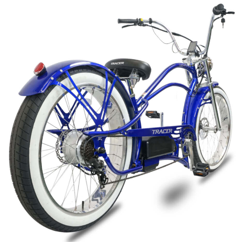 Rear view of the Legend GT7 1000W Stretch Cruiser Chopper Bike, highlighting the white rim and fat tire.