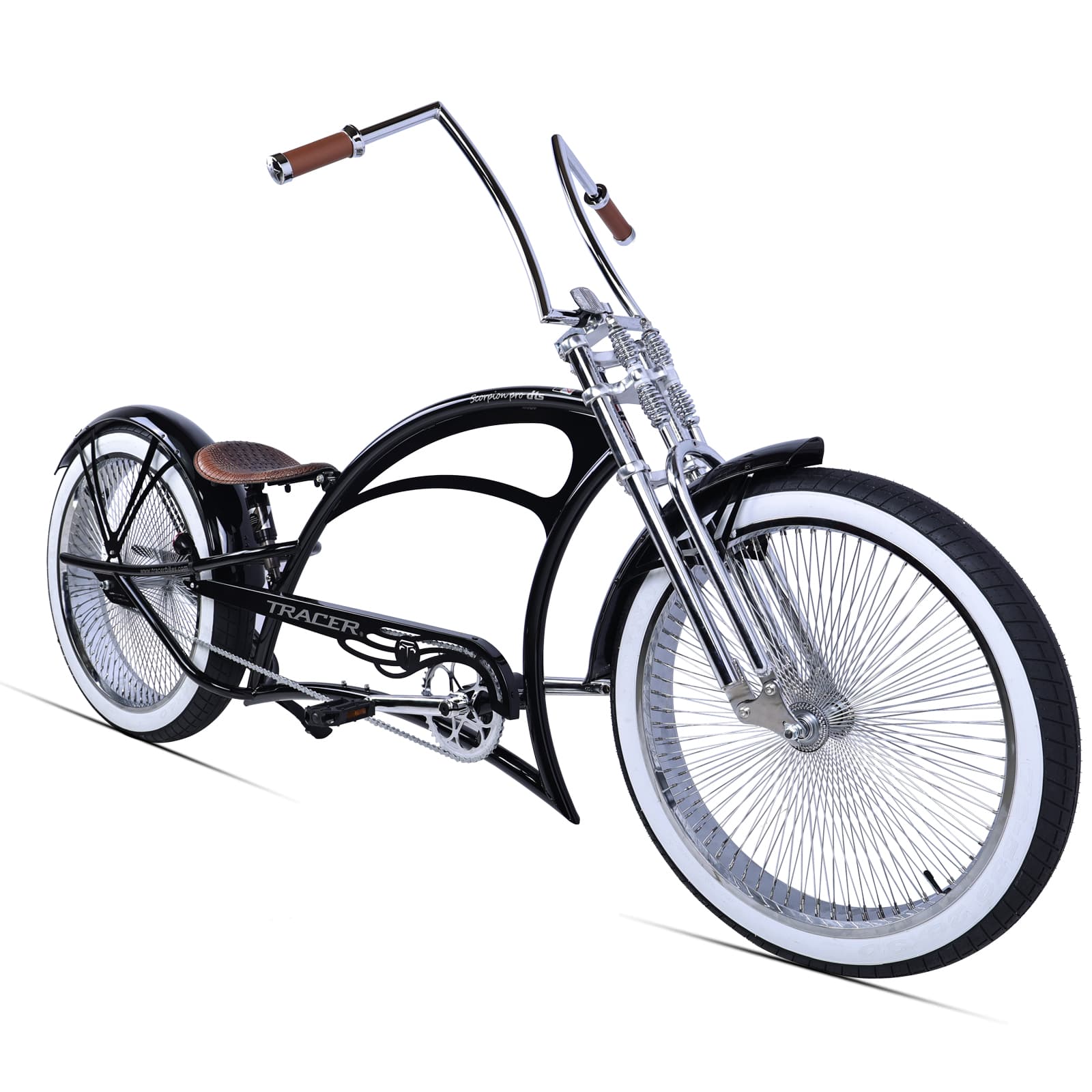 Tracer Scorpion Pro DTS 26” Stretch Chopper Cruiser Bicycle with oversized steel frame and chrome finish rims.