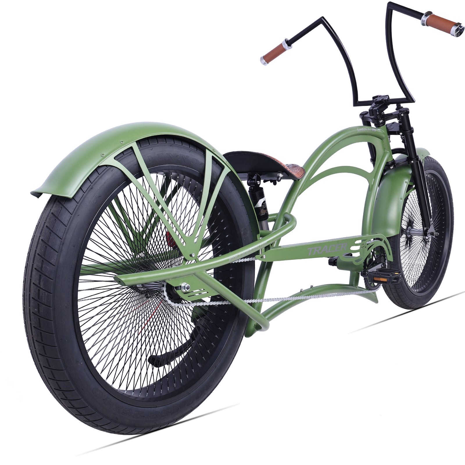 Scorpion Pro DTS 26” Stretch Chopper Cruiser Bicycle with oversized steel frame and retro U-type handlebars.