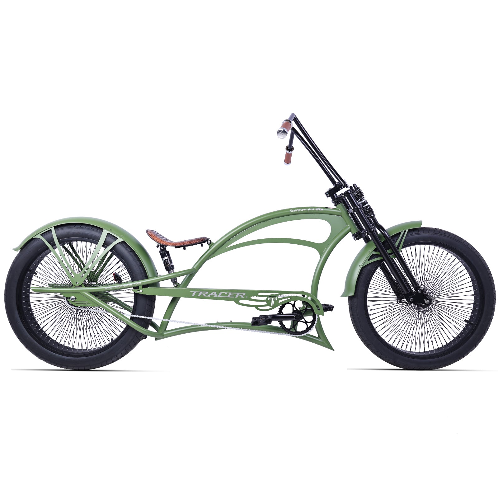 Scorpion Pro DTS 26” Stretch Chopper Cruiser Bicycle with oversized steel frame and retro design.