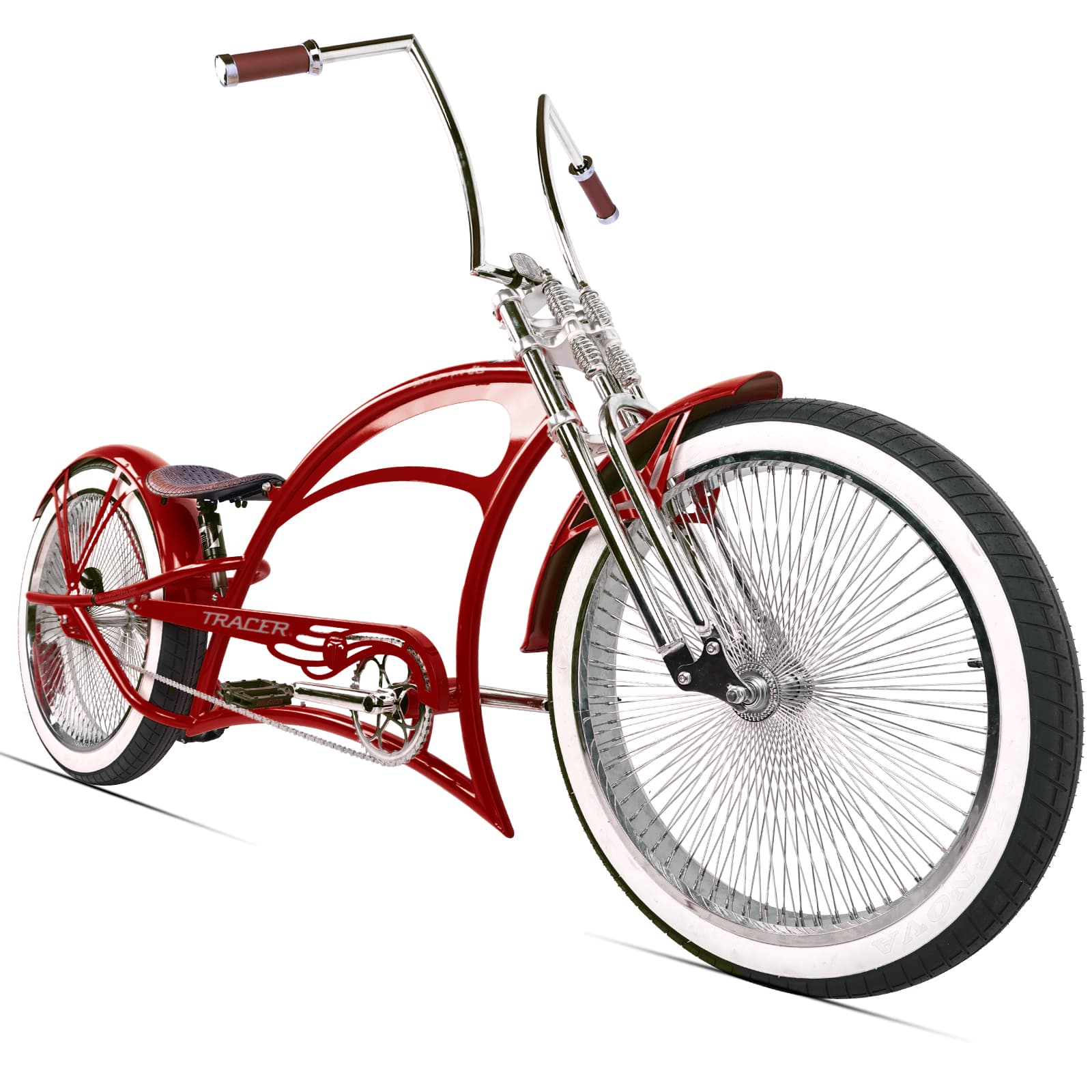 Scorpion Pro DTS 26” Stretch Chopper Cruiser Bicycle in red with oversized steel frame and retro handlebar design.
