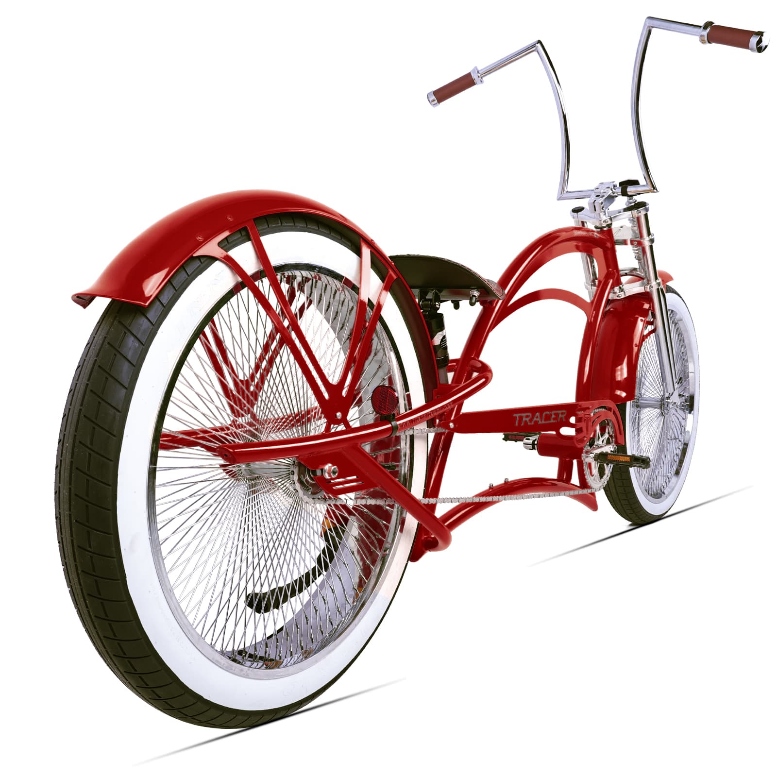 Scorpion Pro DTS 26” Stretch Chopper Cruiser Bicycle with oversized frame and white wall tires, showcasing retro design.