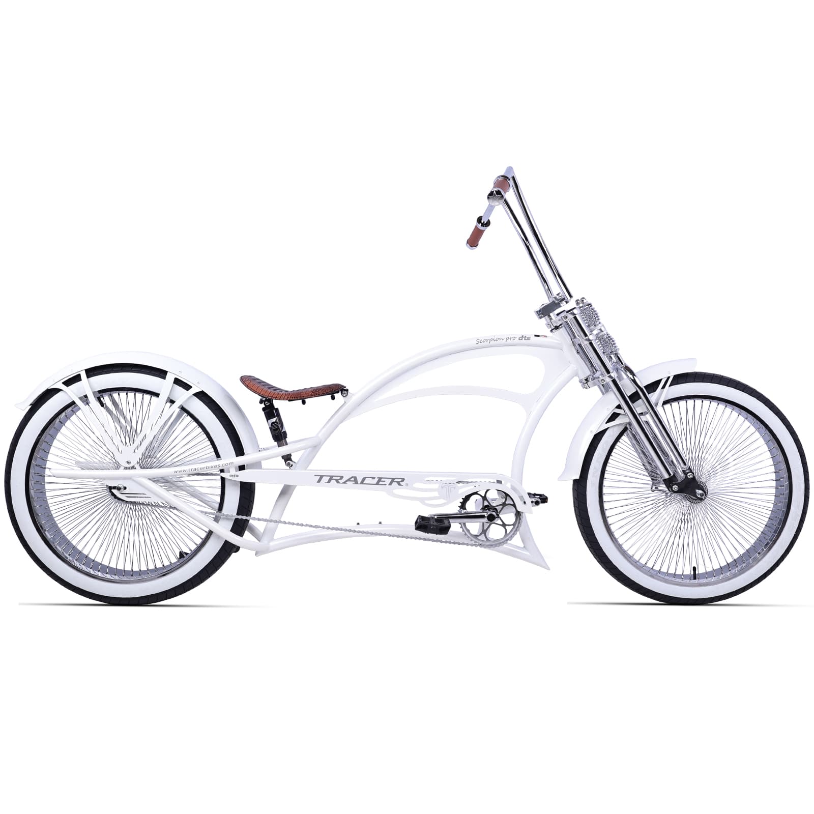 Scorpion Pro DTS 26” Stretch Chopper Cruiser Bicycle in white with retro design and wide white wall tires.