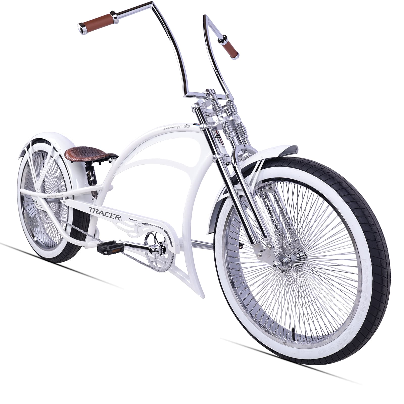 Scorpion Pro DTS 26” Stretch Chopper Cruiser Bicycle with oversized steel frame and FAT white wall tires.