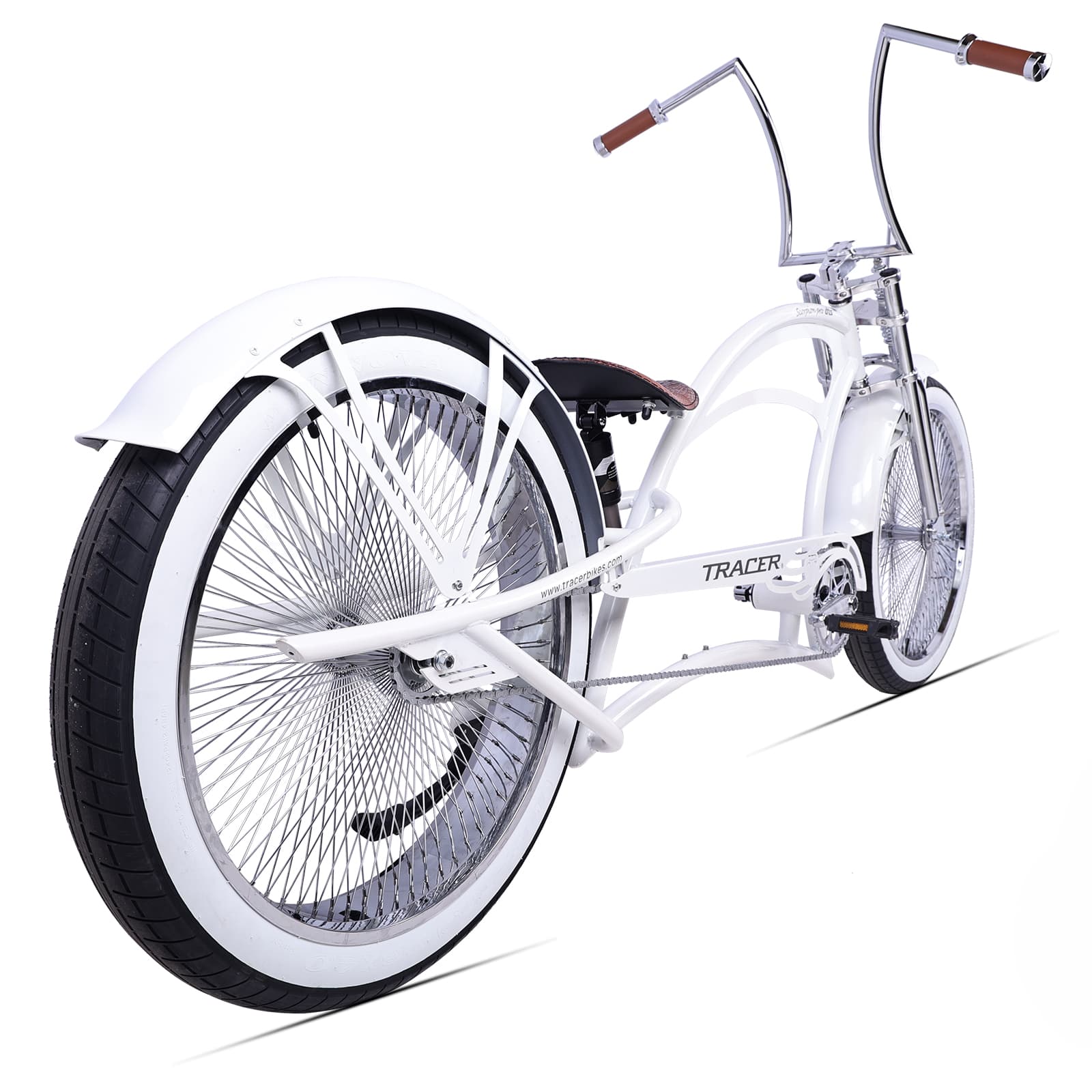 Scorpion Pro DTS 26” Stretch Chopper Cruiser Bicycle with oversized steel frame and FAT white wall tires.
