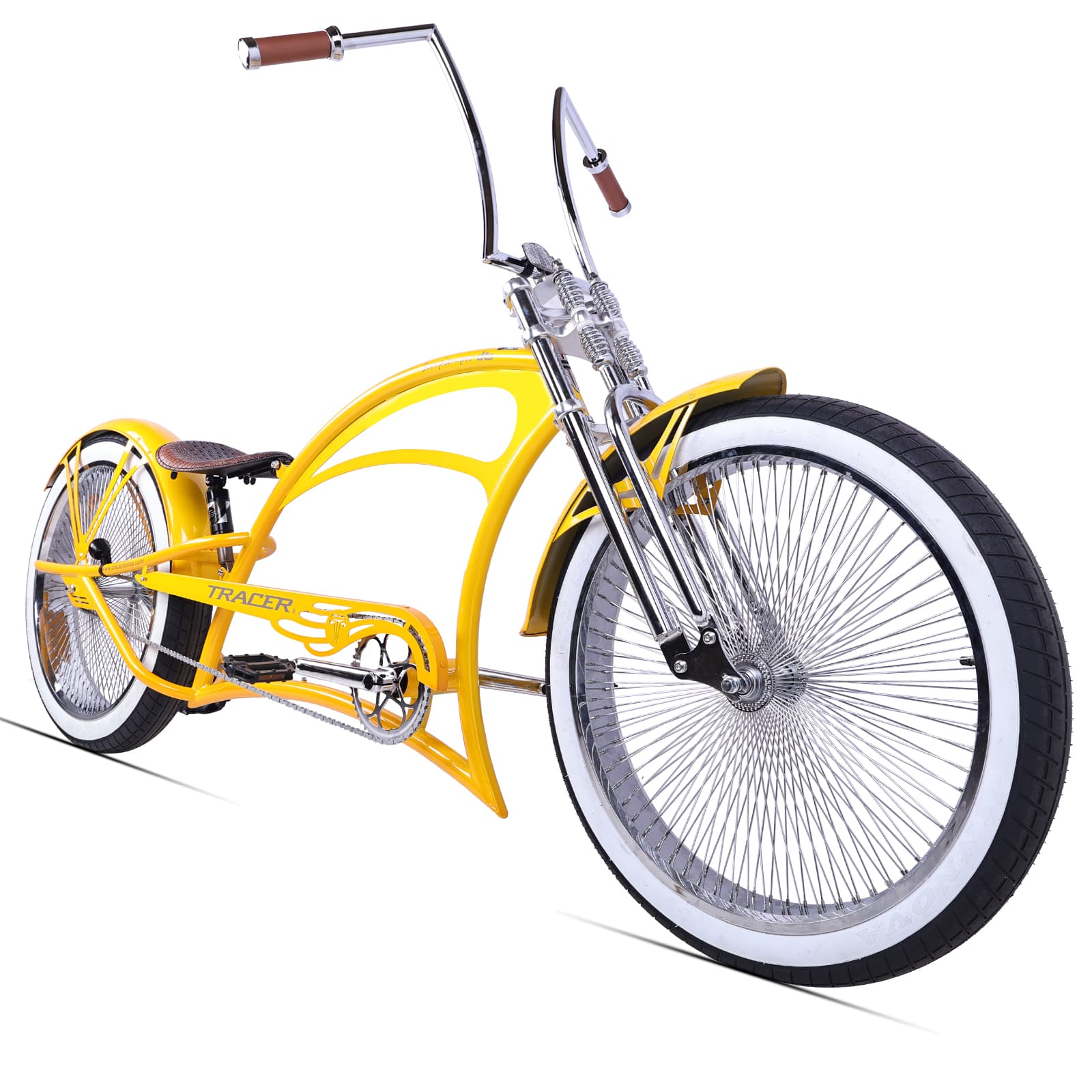 Scorpion Pro DTS 26” Stretch Chopper Cruiser Bicycle in vibrant yellow with oversized chrome wheels and retro handlebars.