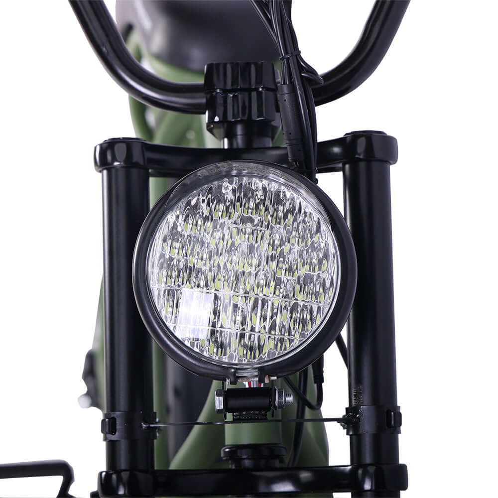 Close-up of Tracer Verge eBike front light on 20" fat wheels with 800W motor, showcasing sturdy frame and innovative design