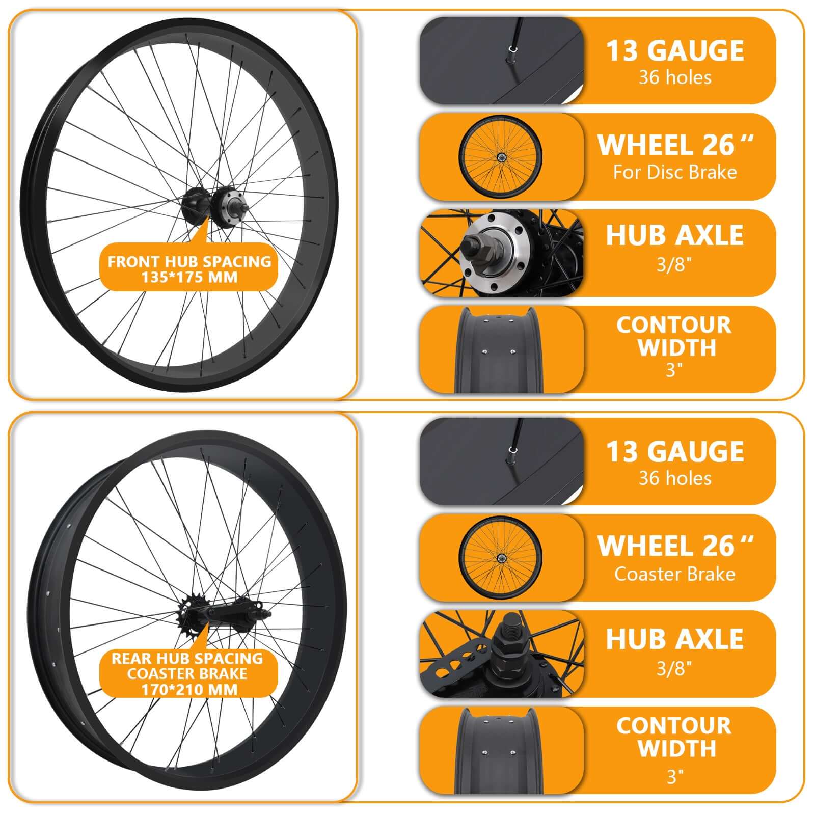 Tracer WH-T752636C 26"x3"x13Gx36H Alloy FAT Rims Wheel Set.